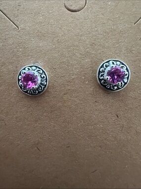 Sterling Silver Stud Earrings with Pink Gemstone Accents